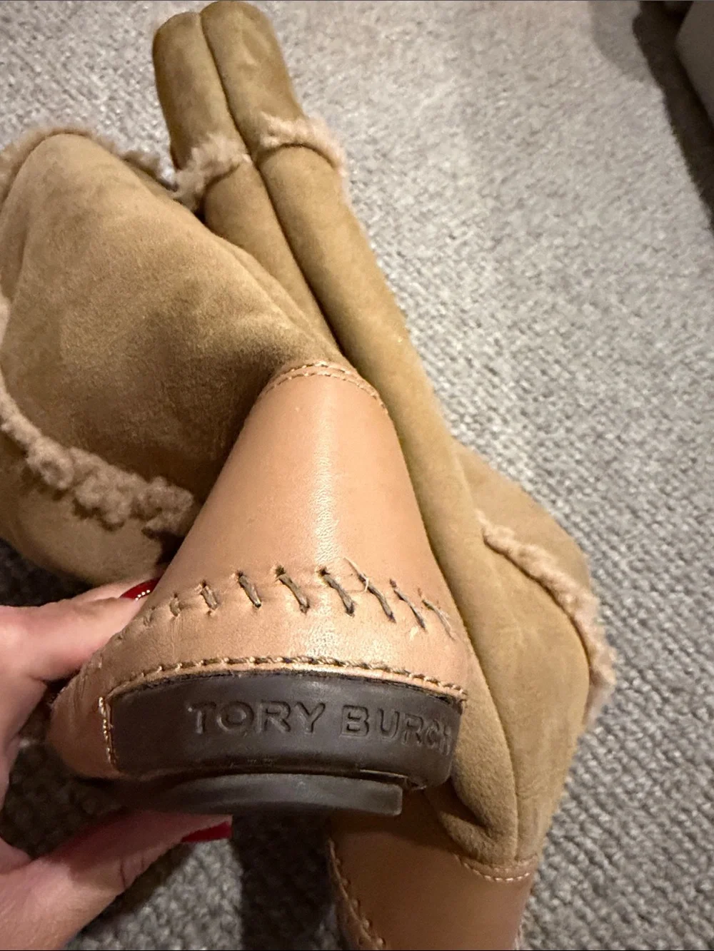 Tory Burch Suede Shearling Knee high Boot in Light Tan